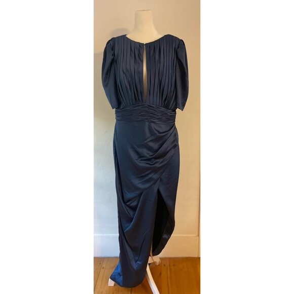 IEENA FOR MAC DUGGAL Blue Puff Sleeve Pleated Bodice Draped Gown Size 12 - Picture 4 of 12